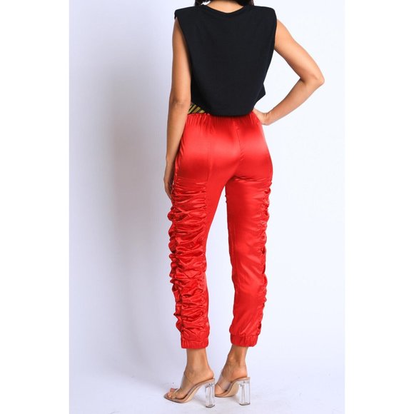 Women's Casual Satin Shirring Long Cuffed Pants With Belted Daily Outdoor Comfy - Picture 9 of 12